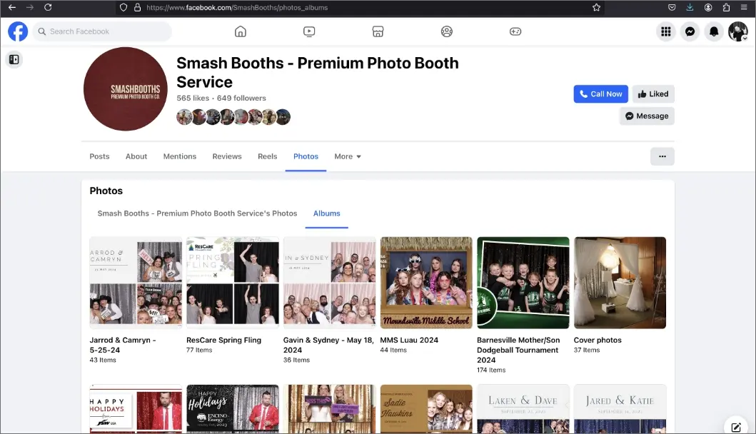 SmashBooths Facebook page showing event photo albums
